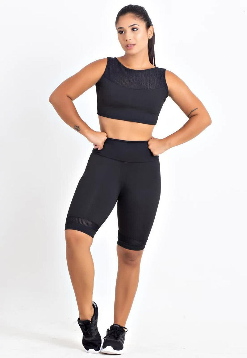 Conjunto Feminino Cropped Regata Preto e Bermuda Cintura Alta Preta