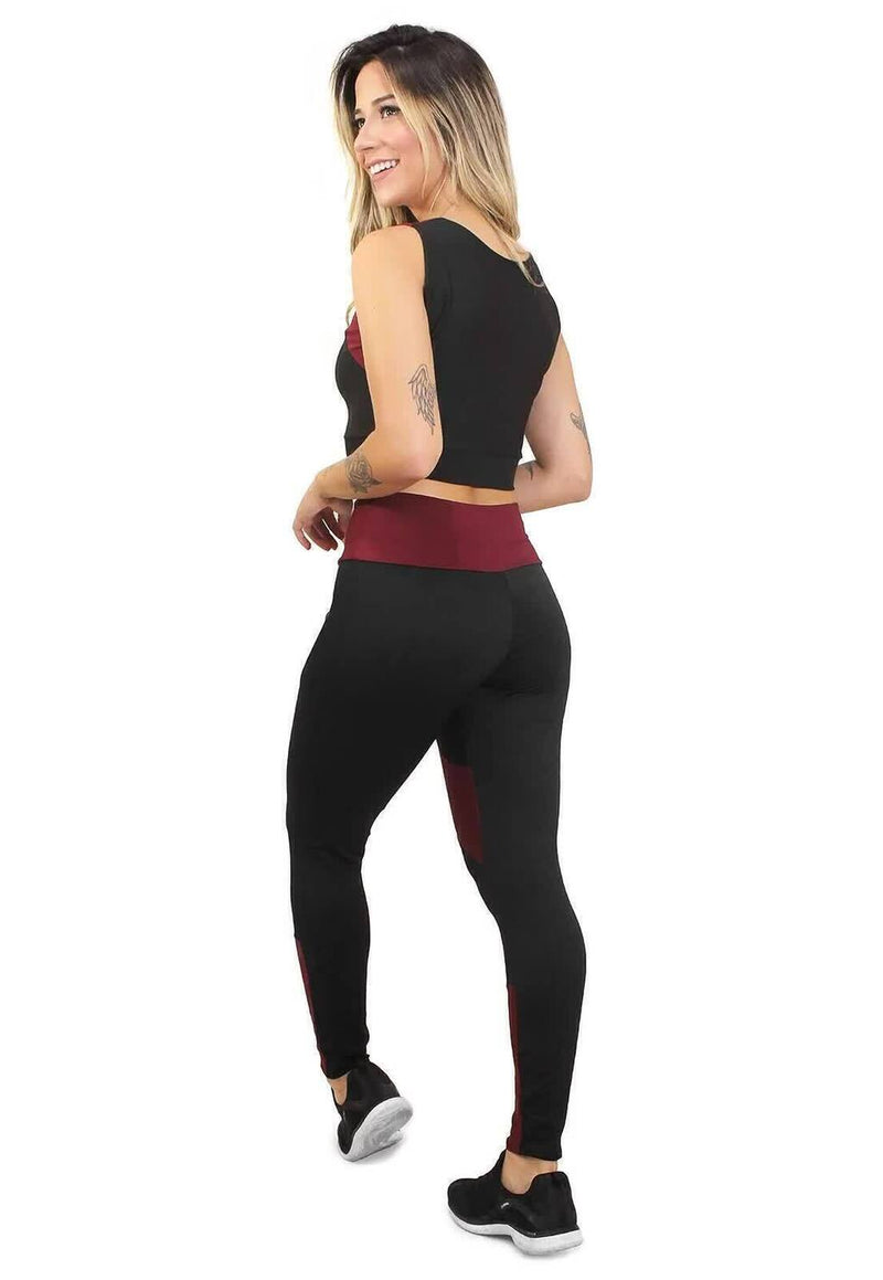 Conjunto Fitness Feminino Cropped Alcinha Preto Detalhe Marsala + Calça Legging Cintura Alta Preta Detalhe Marsala