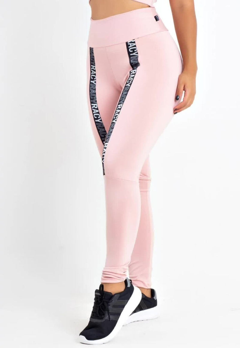 Calça Legging Feminina Cintura Alta Rosa Detalhe Em Faixa Preta