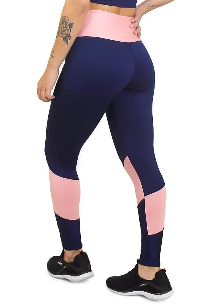 Calça Legging Feminina Cintura Alta Azul Com Detalhe Em Rosa