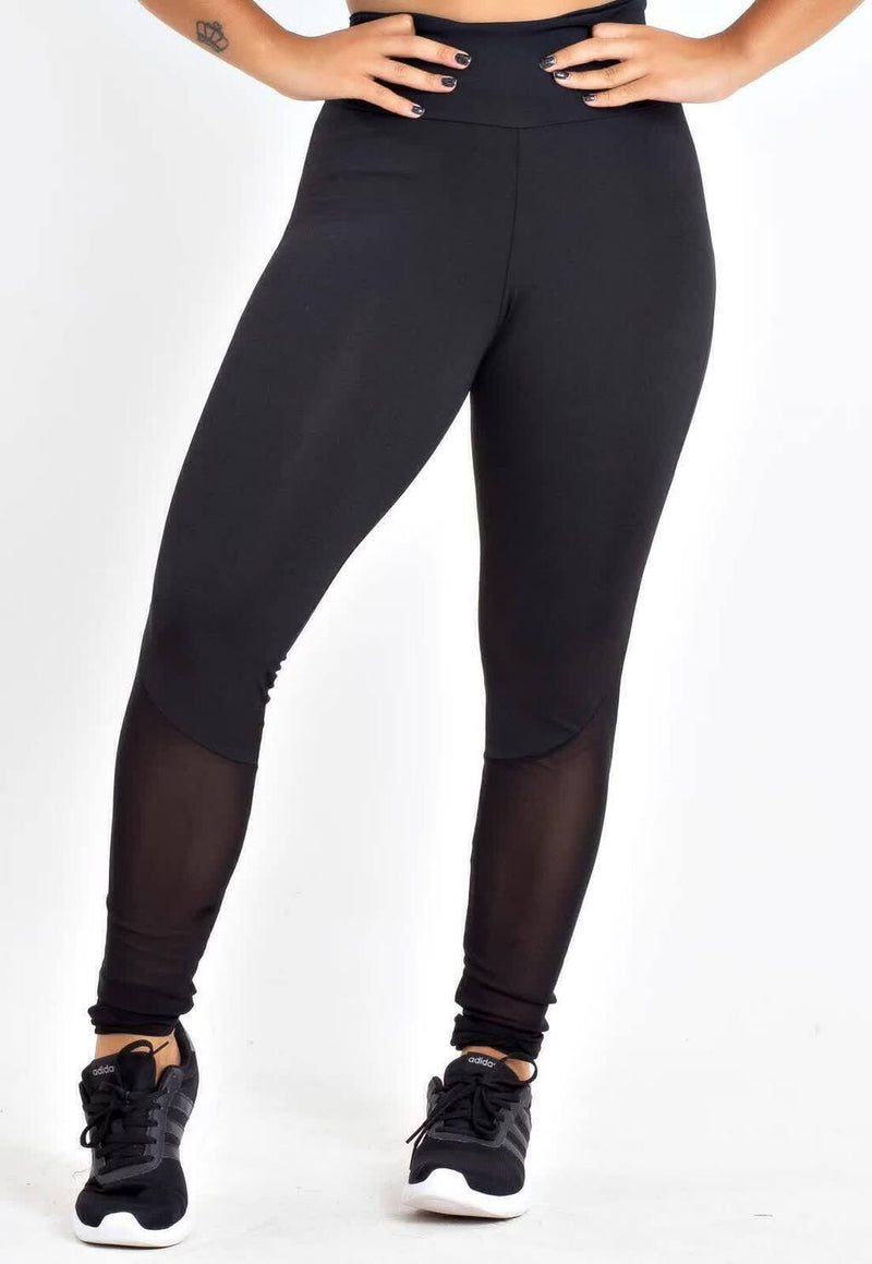 Calça Legging Feminina Cintura Alta Preta Lisa Detalhe Transparente Em Tule