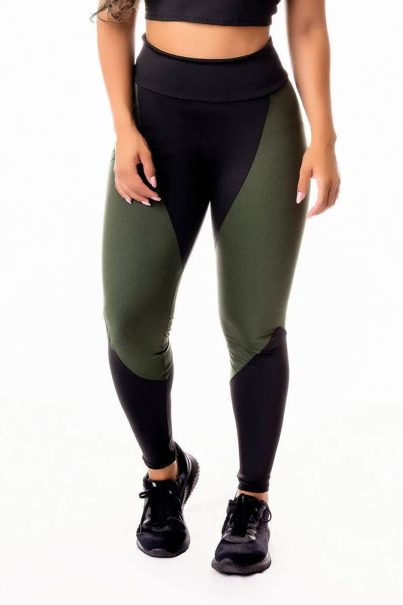 Calça Legging Feminina Cintura Alta Preta Detalhe Verde Militar