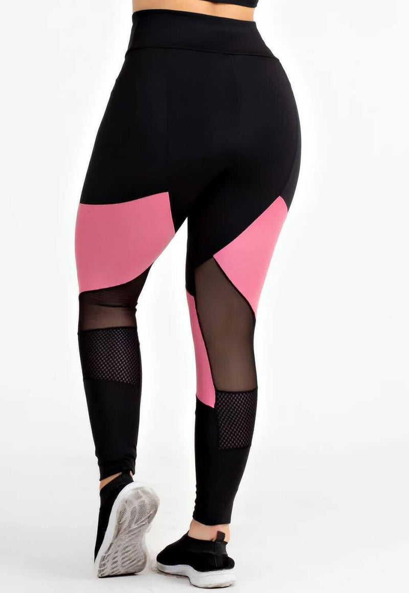 Calça Legging Feminina Cintura Alta Rosa Detalhe Em Rosa e Em Tule Transparente