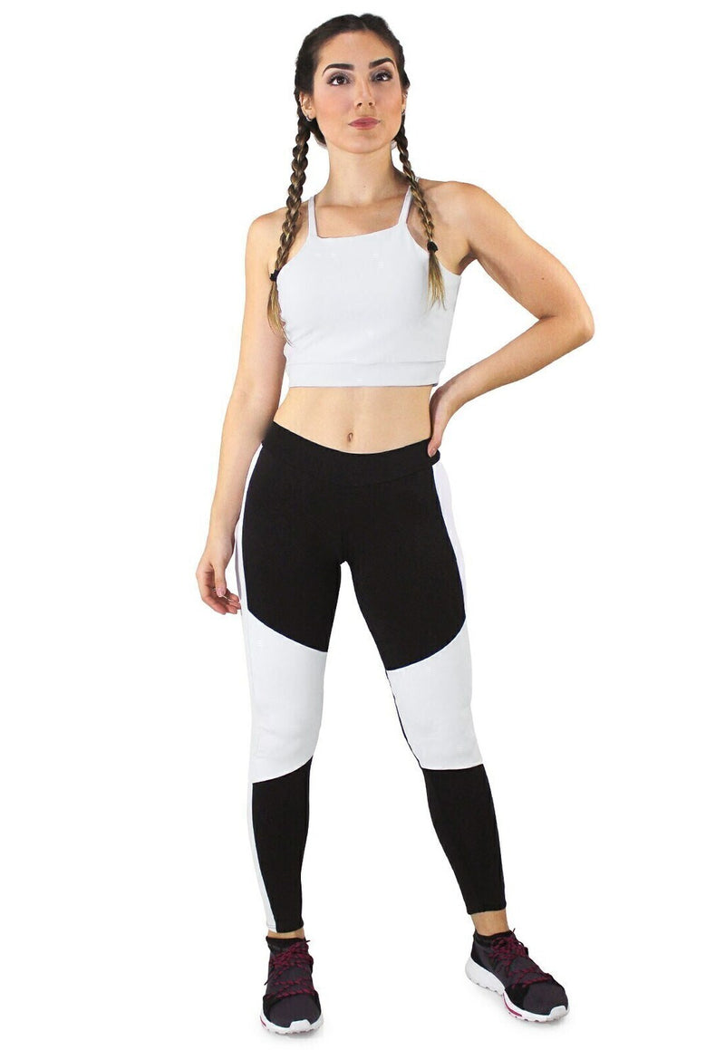 Conjunto Fitness Feminino Cropped Alcinha Branco + Calça Legging Preta Detalhe Branco