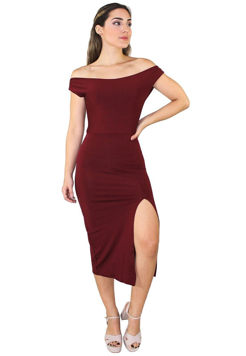 Vestido Feminino Midi Ombro A Ombro Com Fenda Vermelho Escuro