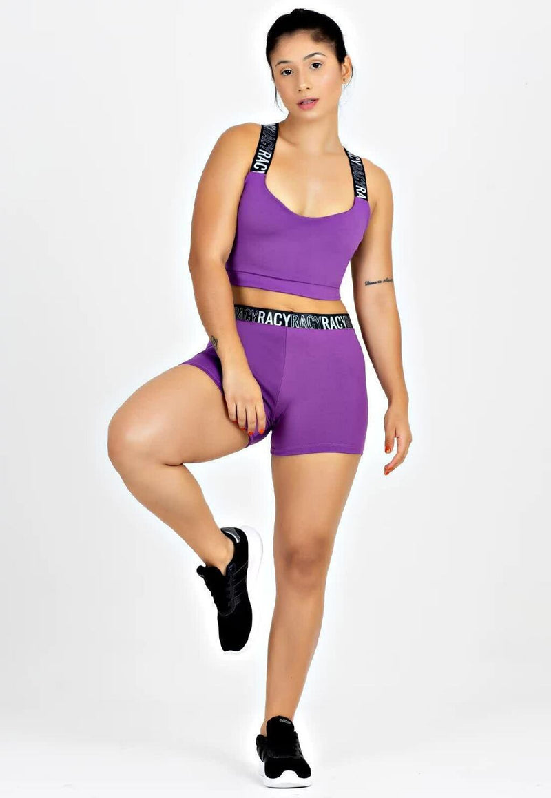 Conjunto Feminino Cropped Roxo Alça Cruzada e Short Curto Roxo Elástico Detalhado