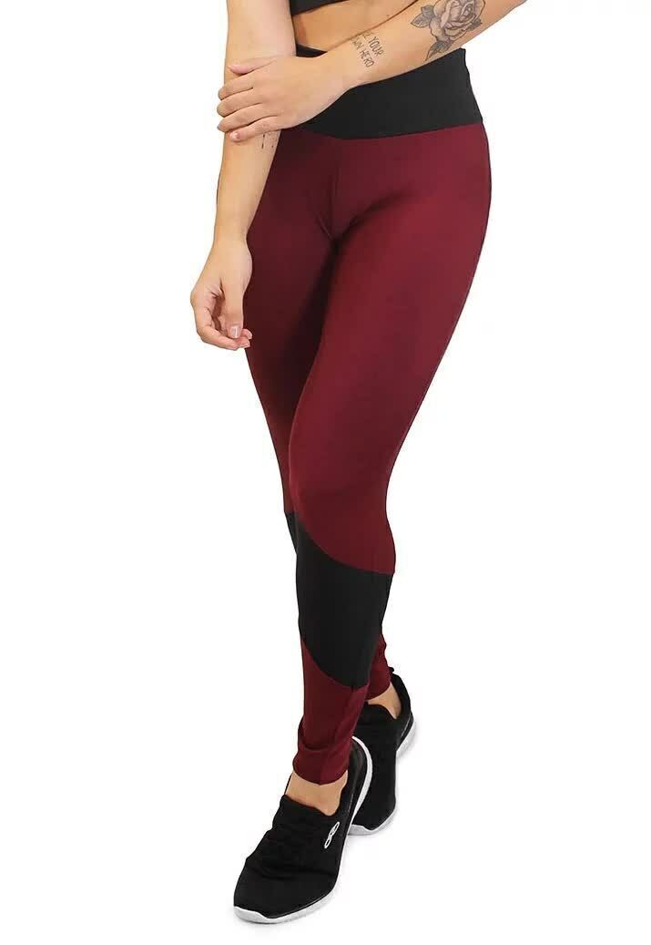 Calça Legging Feminina Cintura Alta Vermelha Escura Com Detalhes Em Preto