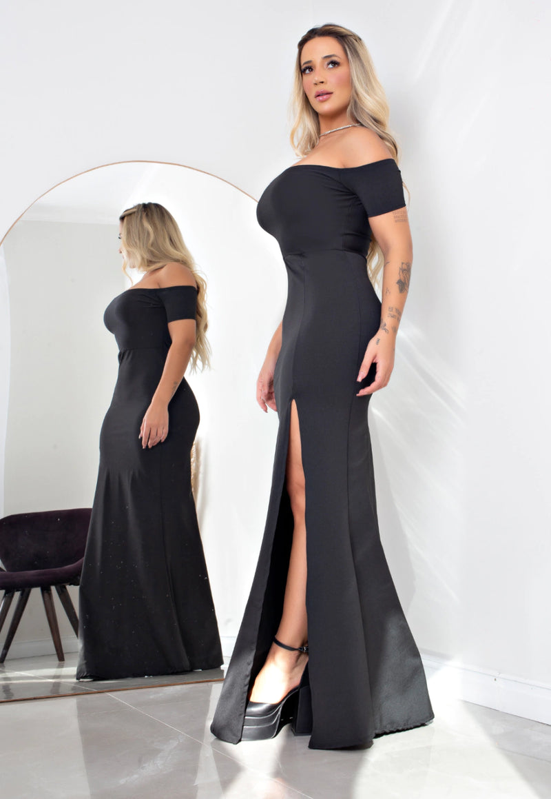 Vestido Feminino Longo Tubindo Ombro a Ombro Com Fenda Preto