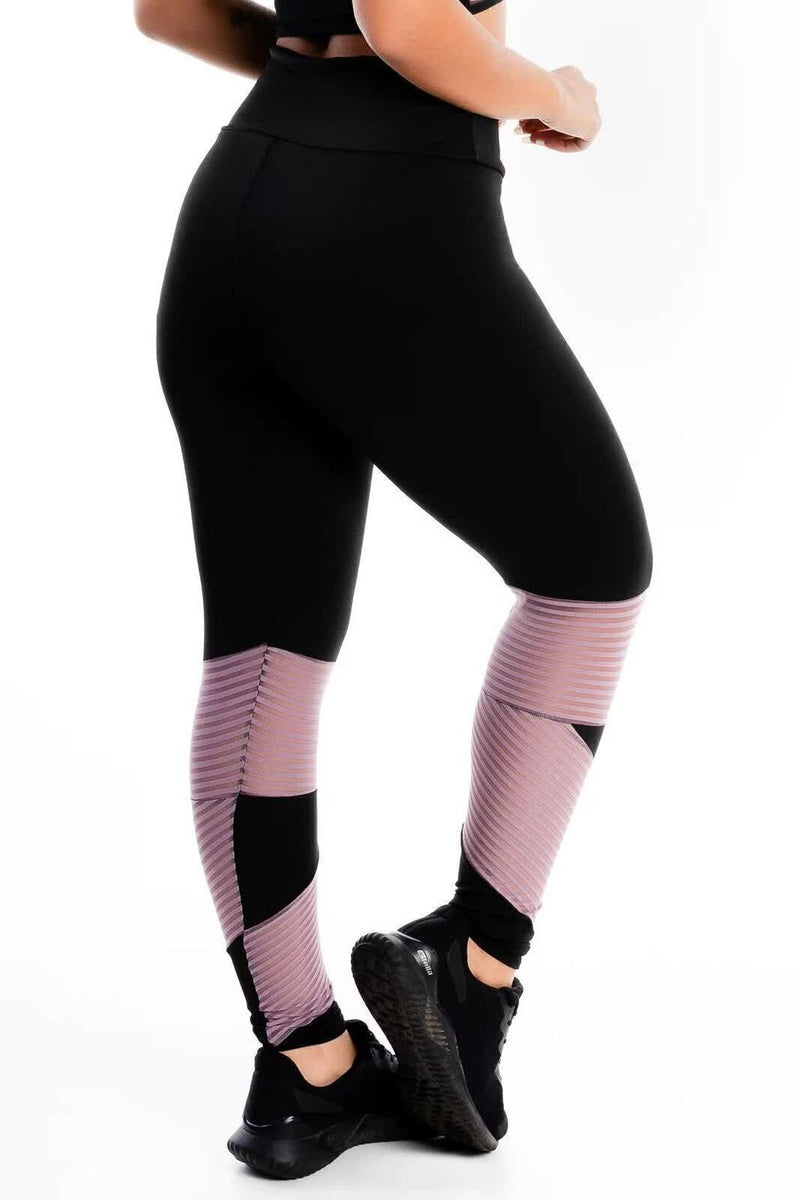 Calça Legging Feminina Cintura Alta Preta Detalhe Violeta