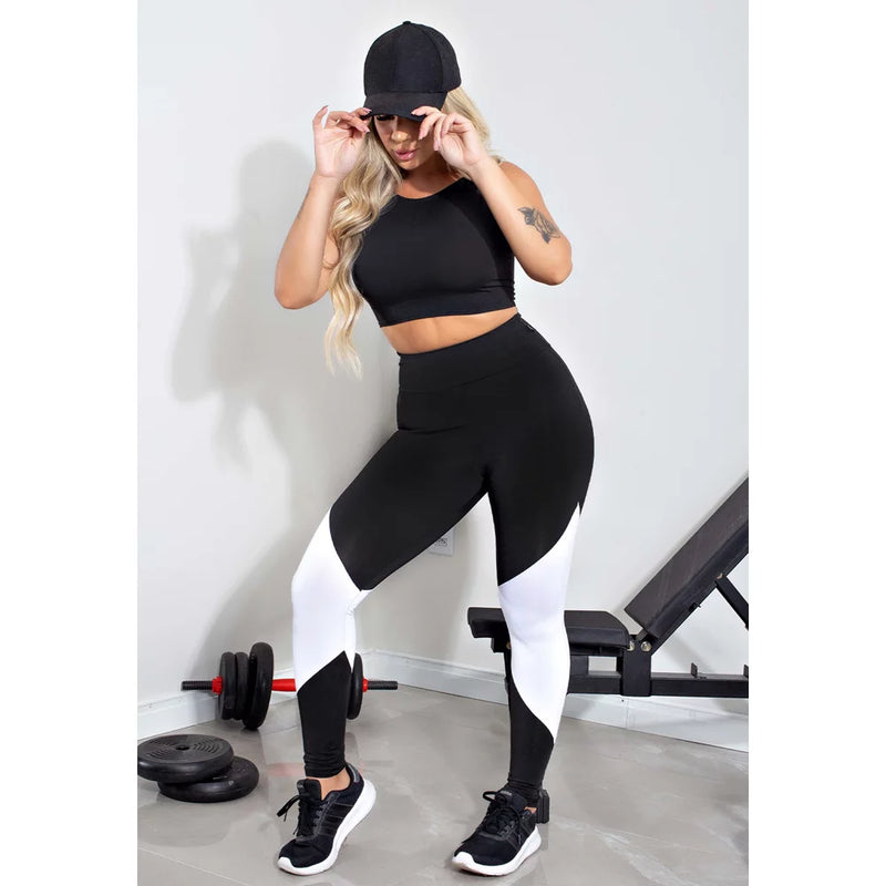 Conjunto Feminino Fitness Cropped Preto e Calça Legging Preta Com Branco