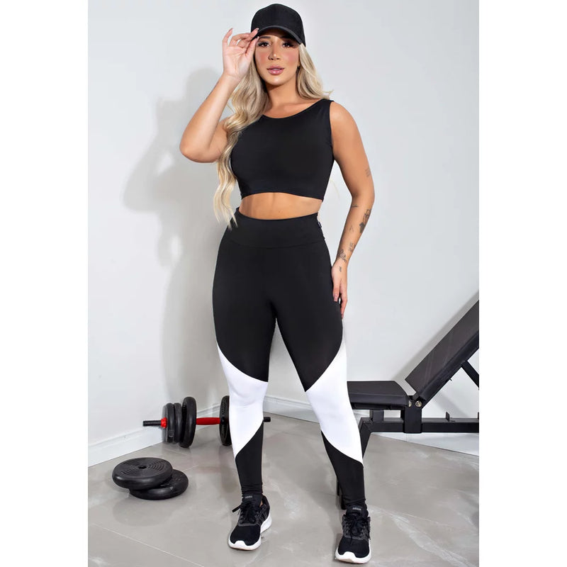 Conjunto Feminino Fitness Cropped Preto e Calça Legging Preta Com Branco