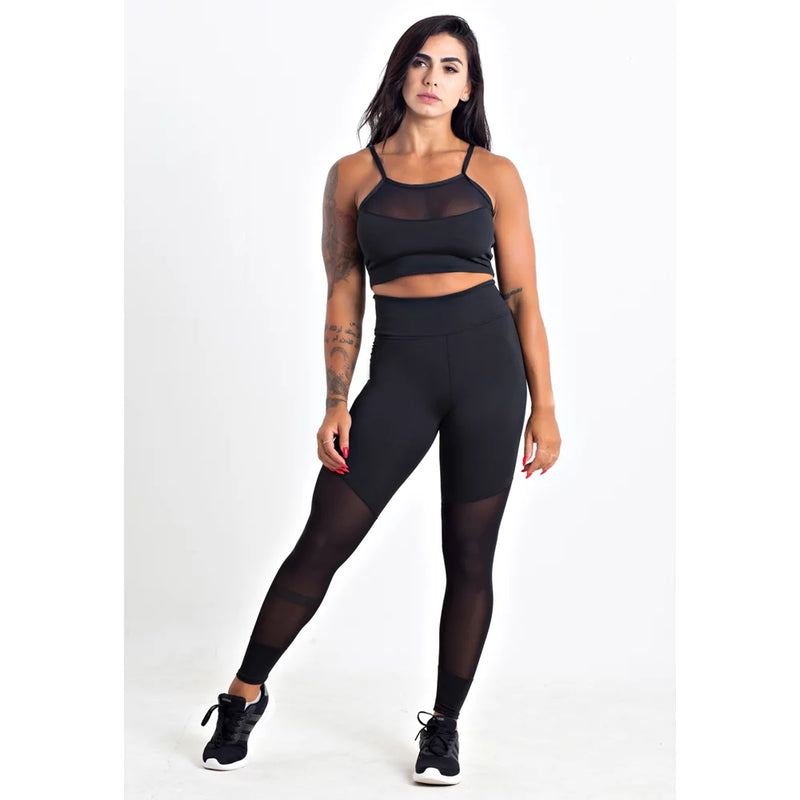 Conjunto Fitness Feminino Cropped Alcinha Com Tela Preta + Calça Legging Detalhe De Tela Preta