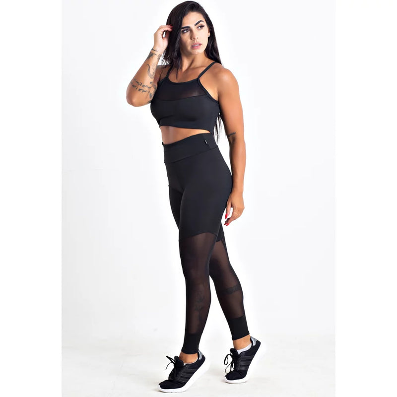 Conjunto Fitness Feminino Cropped Alcinha Com Tela Preta + Calça Legging Detalhe De Tela Preta