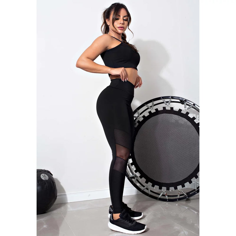 Conjunto Fitness Feminino Cropped Alcinha Preto Detalhe Em Tela + Calça Legging Cintura Alta Preta Detalhe Em Tela Transparente