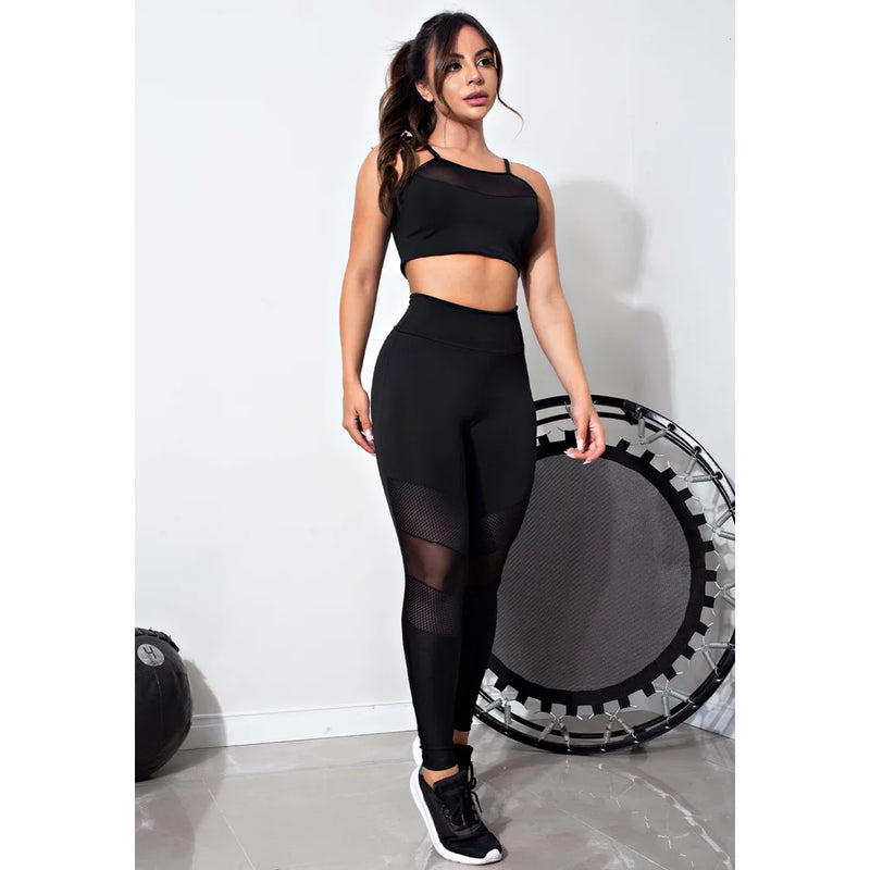 Conjunto Fitness Feminino Cropped Alcinha Preto Detalhe Em Tela + Calça Legging Cintura Alta Preta Detalhe Em Tela Transparente