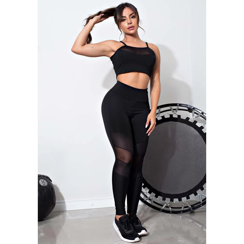 Conjunto Fitness Feminino Cropped Alcinha Preto Detalhe Em Tela + Calça Legging Cintura Alta Preta Detalhe Em Tela Transparente