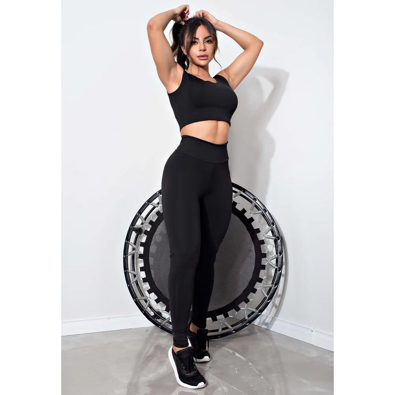 Conjunto Feminino Fitness Cropped e Calça Legging Cintura Alta Preta