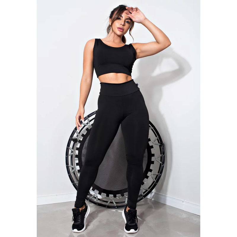 Conjunto Feminino Fitness Cropped e Calça Legging Cintura Alta Preta