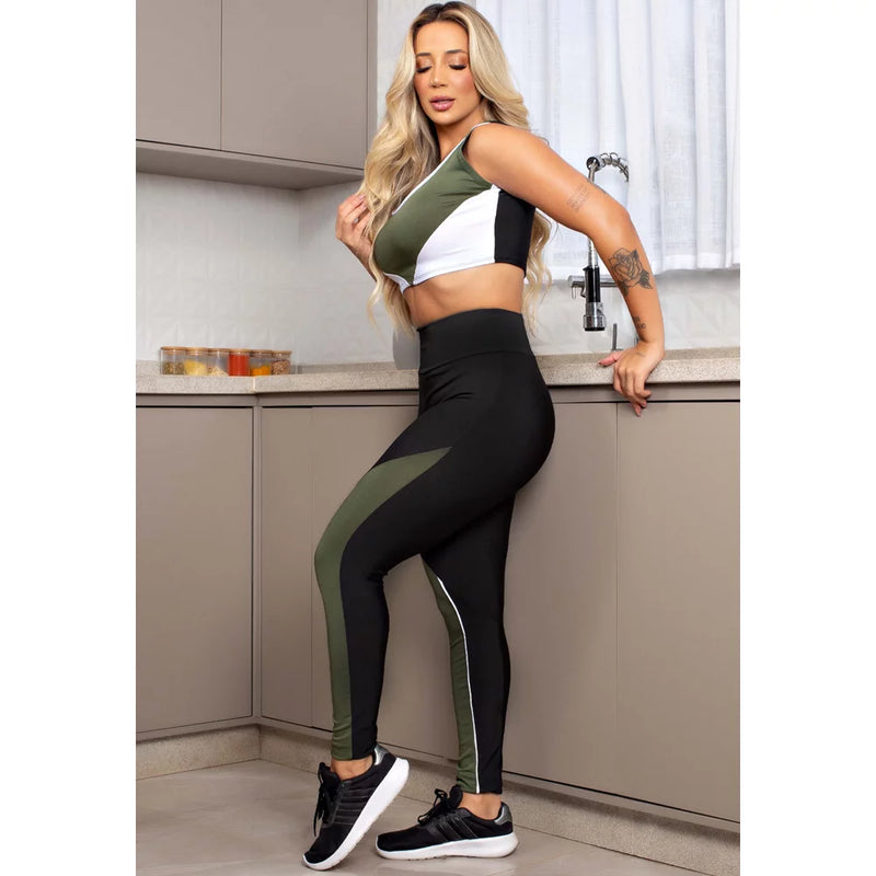 Conjunto Fitness Feminino Cropped Verde Militar E Branco + Calça Legging Cintura Alta Preta Detalhes Em Verde Militar e Branco