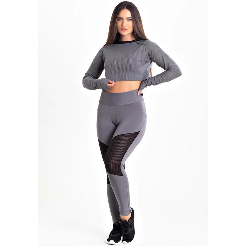 Conjunto Feminino Fitness Cropped Manga Longa Tela e Calça Legging Cinza Tela Preta