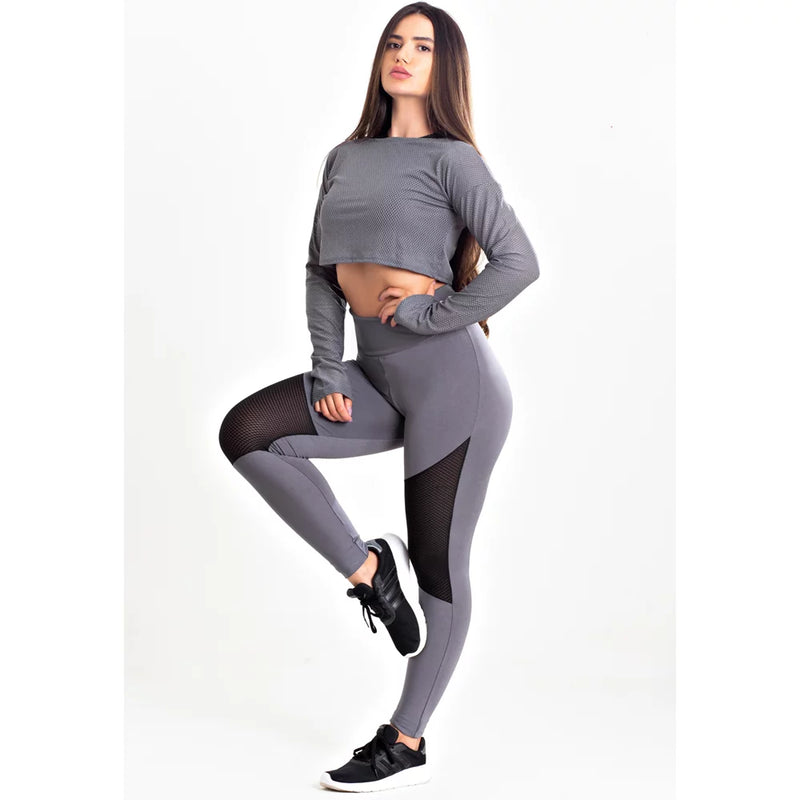 Conjunto Feminino Fitness Cropped Manga Longa Tela e Calça Legging Cinza Tela Preta