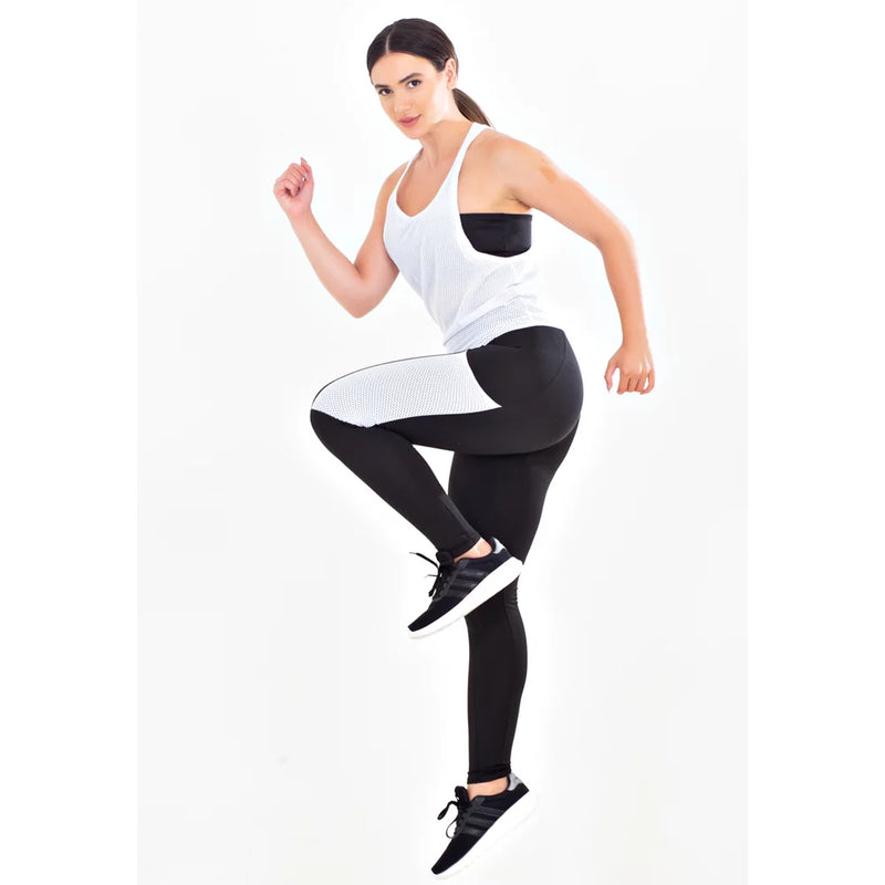 Conjunto Fitness Feminino Regata De Tela Branca + Tomara Que Caia Preto + Calça Legging Cintura Alta Preta Bolso De Tela Branca