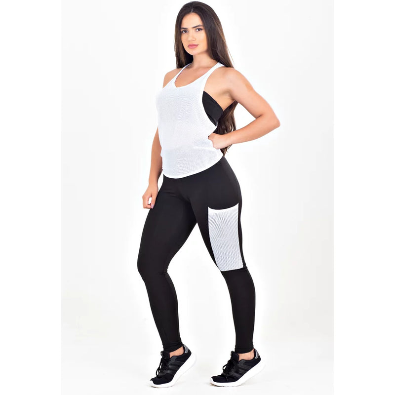 Conjunto Fitness Feminino Regata De Tela Branca + Tomara Que Caia Preto + Calça Legging Cintura Alta Preta Bolso De Tela Branca