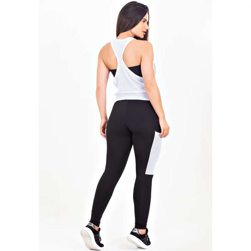 Conjunto Fitness Feminino Regata De Tela Branca + Tomara Que Caia Preto + Calça Legging Cintura Alta Preta Bolso De Tela Branca