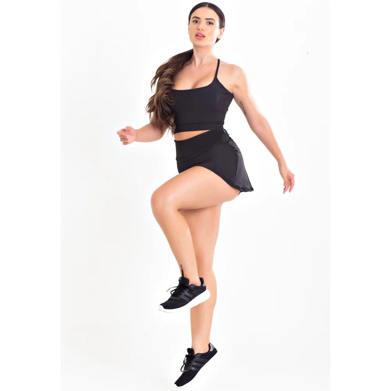 Conjunto Feminino Fitness Cropped Preto e Short Saia Preto