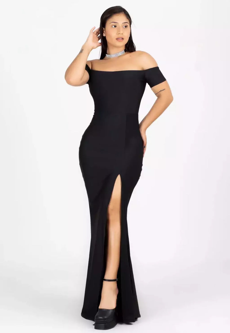 Vestido Feminino Longo Tubindo Ombro a Ombro Com Fenda Preto