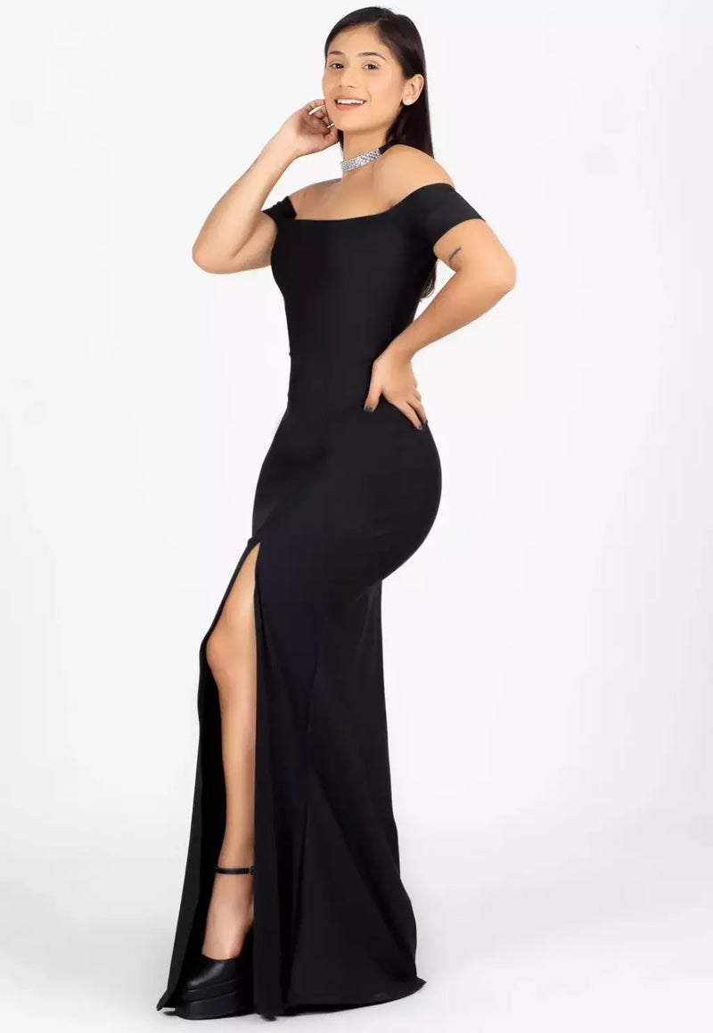 Vestido Feminino Longo Tubindo Ombro a Ombro Com Fenda Preto