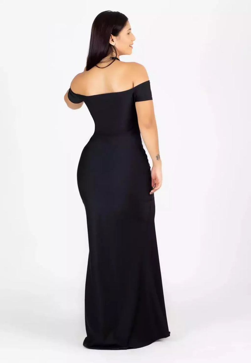 Vestido Feminino Longo Tubindo Ombro a Ombro Com Fenda Preto