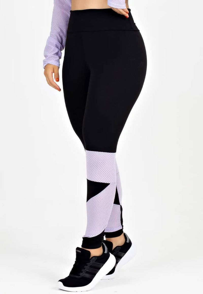 Calça Legging Feminina Cintura Alta Preta Detalhe Em Tela Lilás