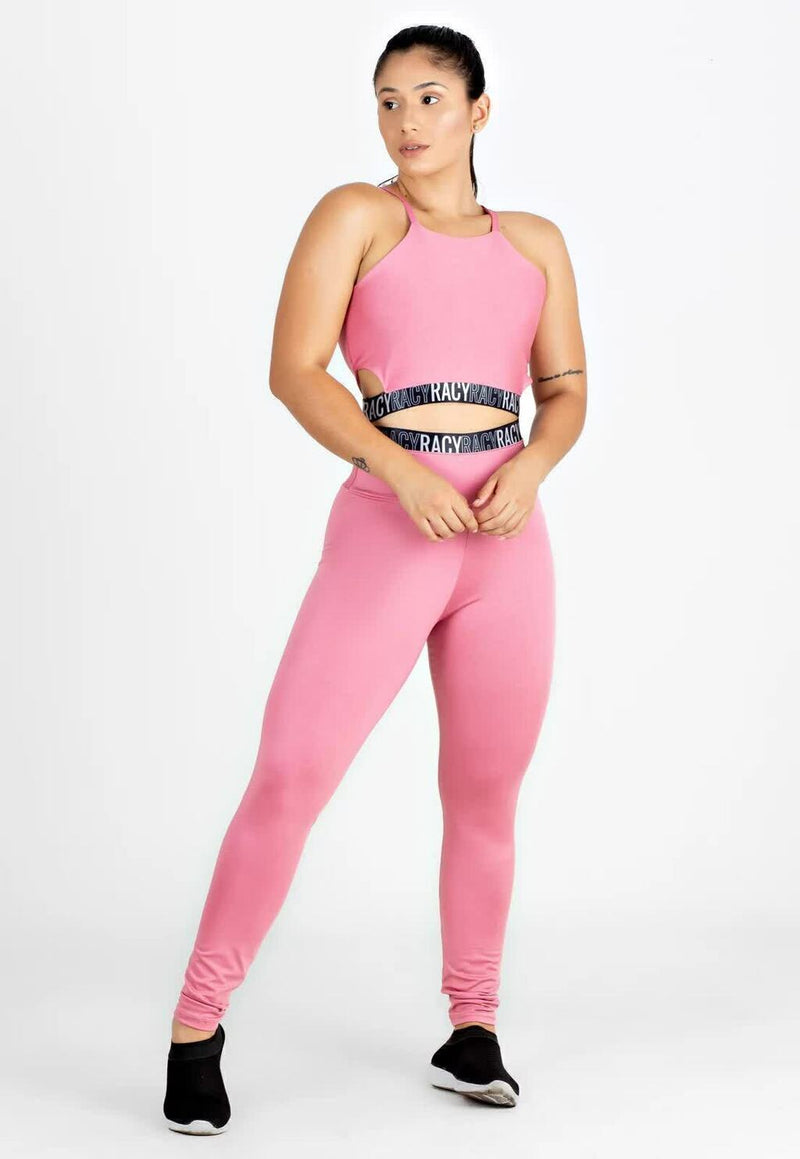 Conjunto Fitness Feminino Cropped Alcinha Rosa Elástico Preto + Calça Legging Cintura Alta Rosa Elástico Preto