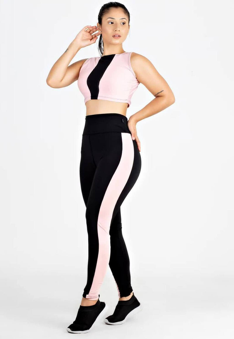 Conjunto Fitness Feminino Cropped Regata Rosa Detalhe Preto + Calça Legging Cintura Alta Preta Detalhe Rosa&nbsp;