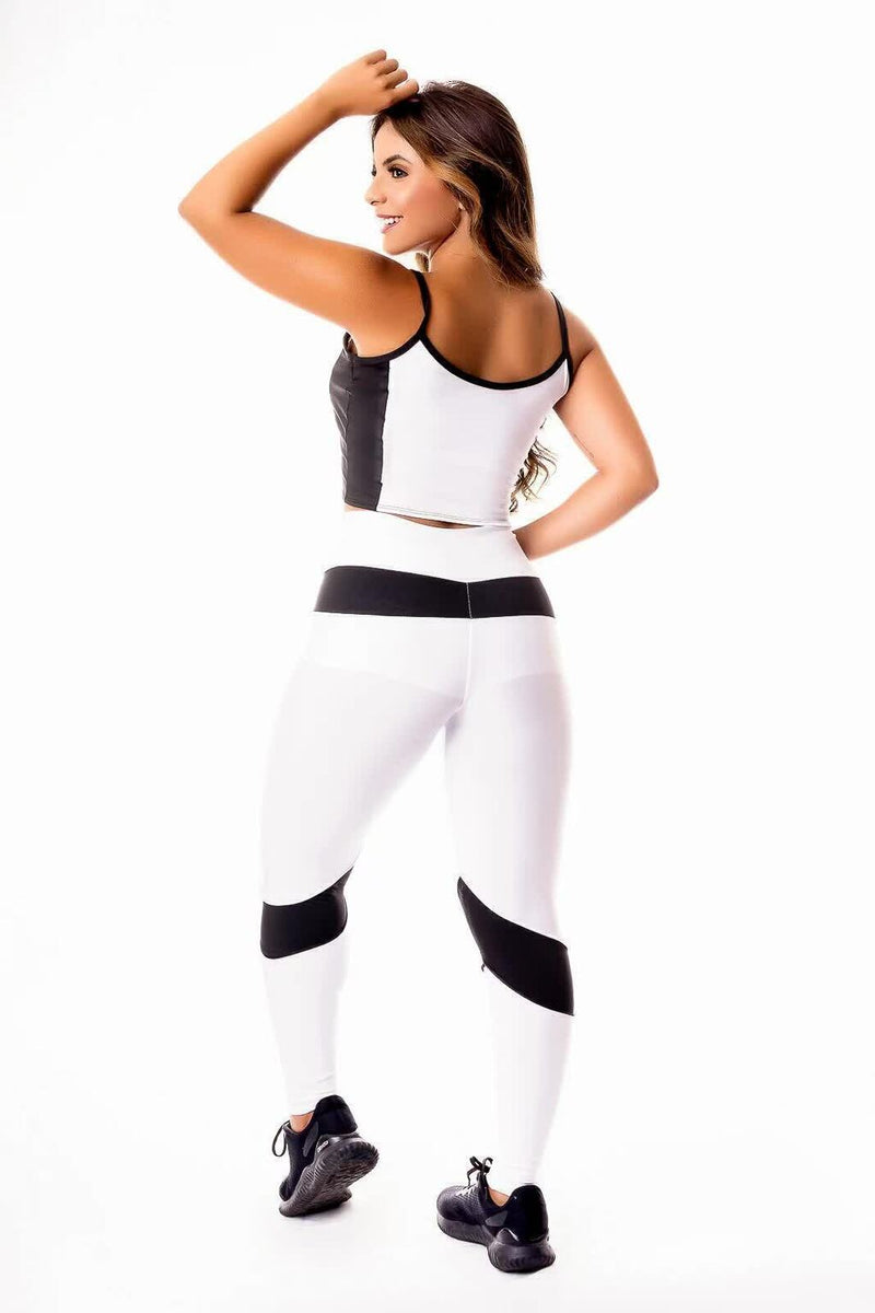 Conjunto Fitness Feminino Cropped Alcinha Preto e Branco + Calça Legging Cintura Alta Branca Detale Preto