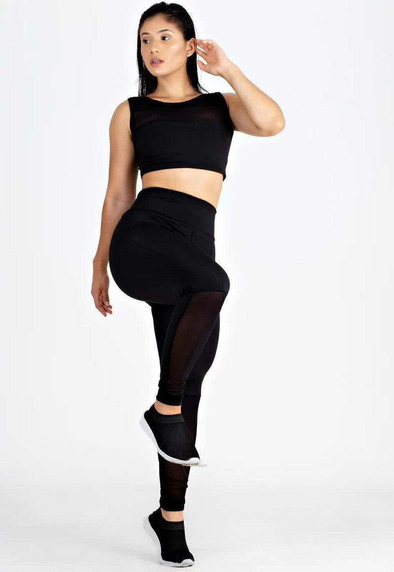 Conjunto Fitness Feminino Cropped Detalhe transparente Preto + Calça Legging Detalhe transparente Preta