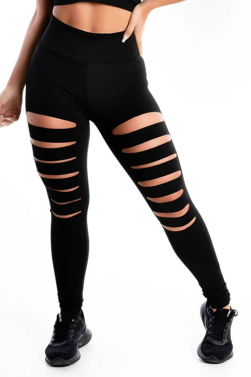 Calça Legging Feminina Cintura Alta Preta Rasgada