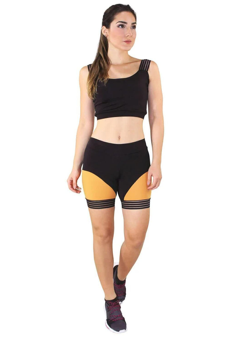 Cropped Com Faixa Amarelo + Shorts Preto Com Amarelo Conjunto Fitness