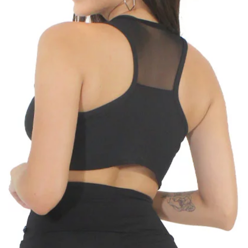 Conjunto Fitness Cropped Short Preto Com Tela Amanda