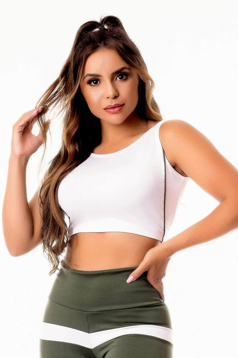 Top Cropped Academia Branco com Vivo Verde Militar Fitness