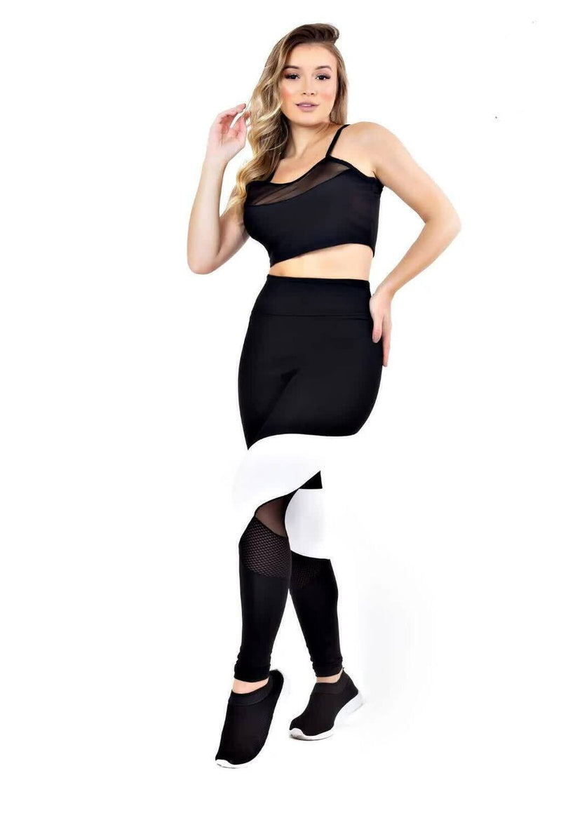 Conjunto Feminino Fitness Cropped Preto e Calça Legging Preto e Branco Tela Transparente