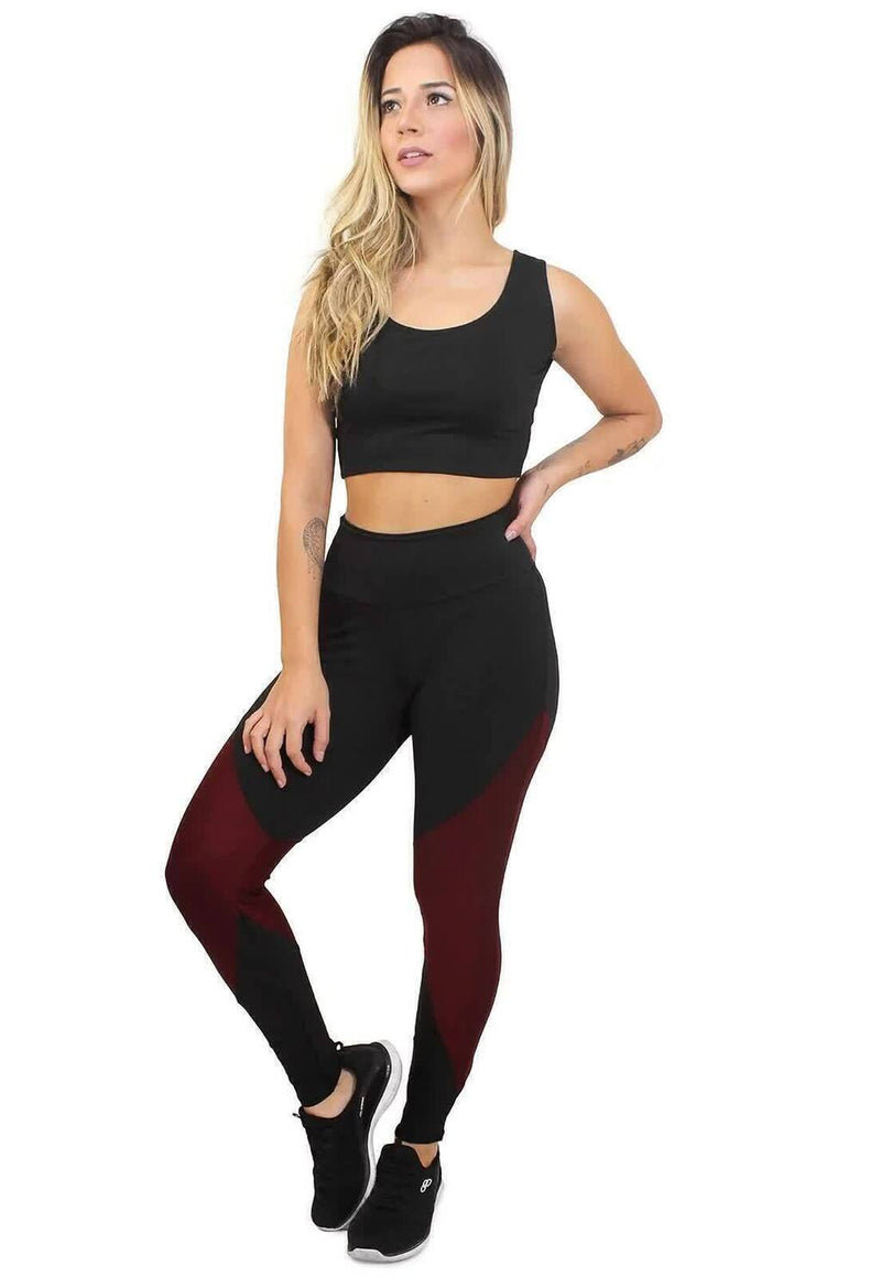 Conjunto Fitness Feminino Cropped Alça Preta + Calça Legging Cintura Alta Preta Detalhe Marsala