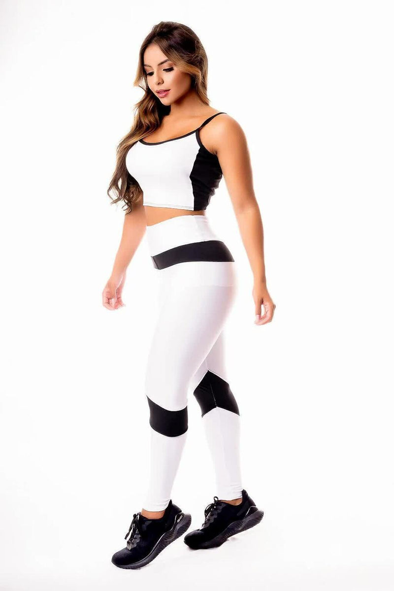 Conjunto Fitness Feminino Cropped Alcinha Preto e Branco + Calça Legging Cintura Alta Branca Detale Preto