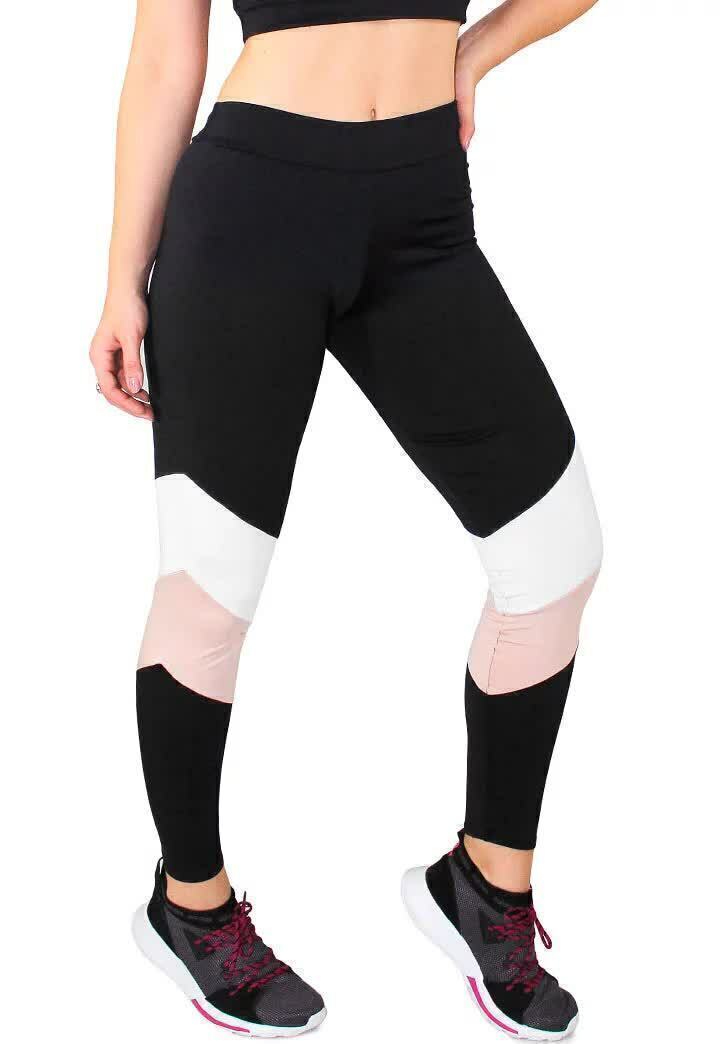 Calça Legging Feminina Cintura Alta Preta Com Detalhe Branco e Rosa