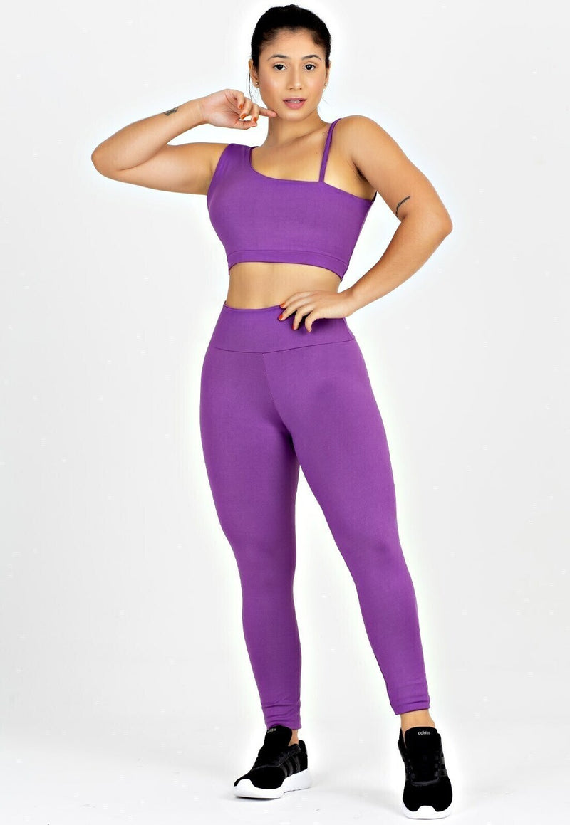 Conjunto Fitness Feminino Cropped Alcinha Roxo Detalhe Nas Costas + Calça Legging Cintura Alta Roxa