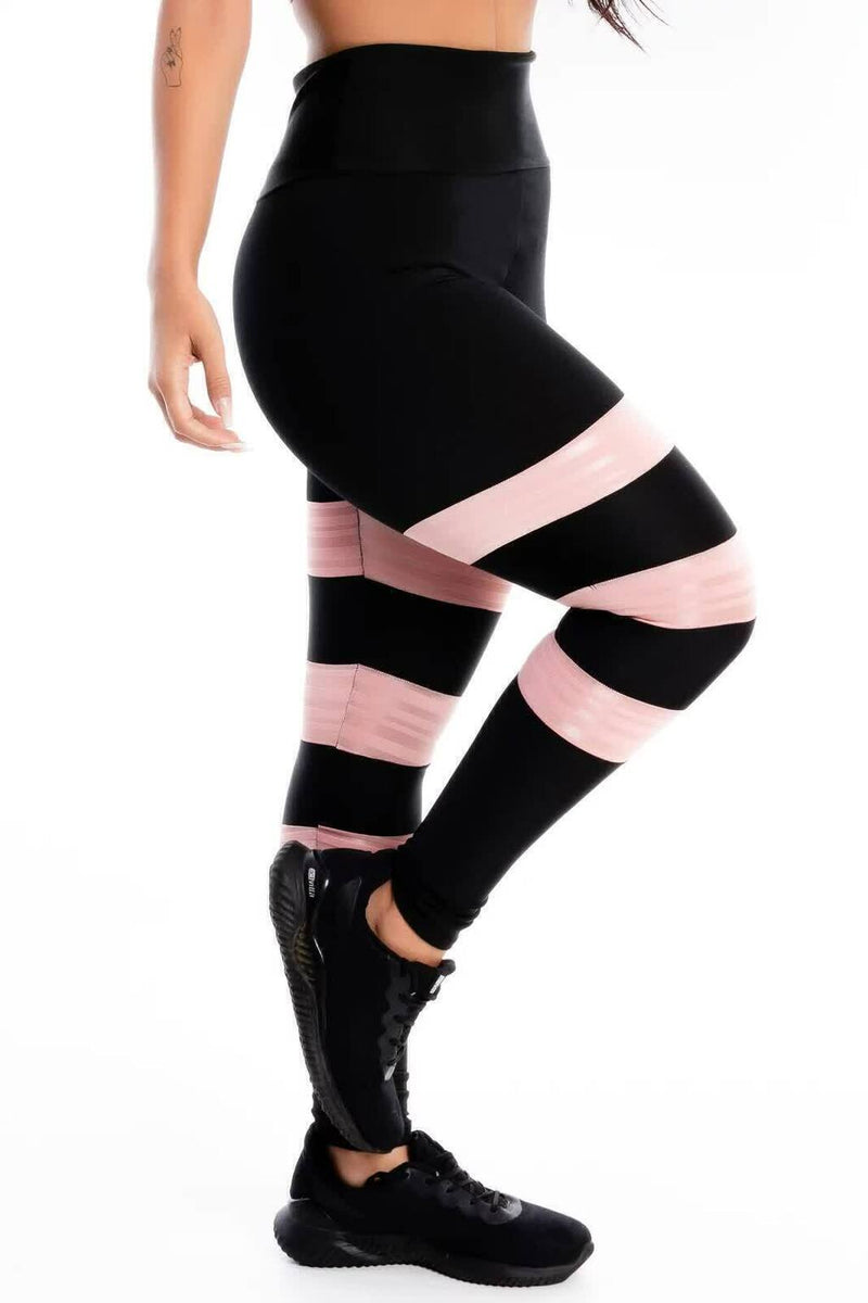 Calça Legging Feminina Cintura Alta Preta Com Detalhes Em Listras Rosa