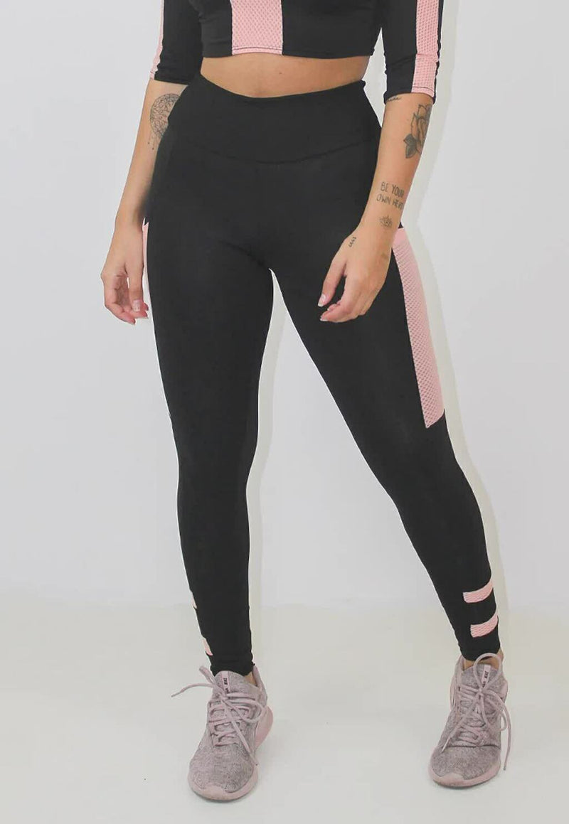 Calça Legging Feminina Cintura Alta Preta Com Detalhes e Bolso Em Tela Rosa