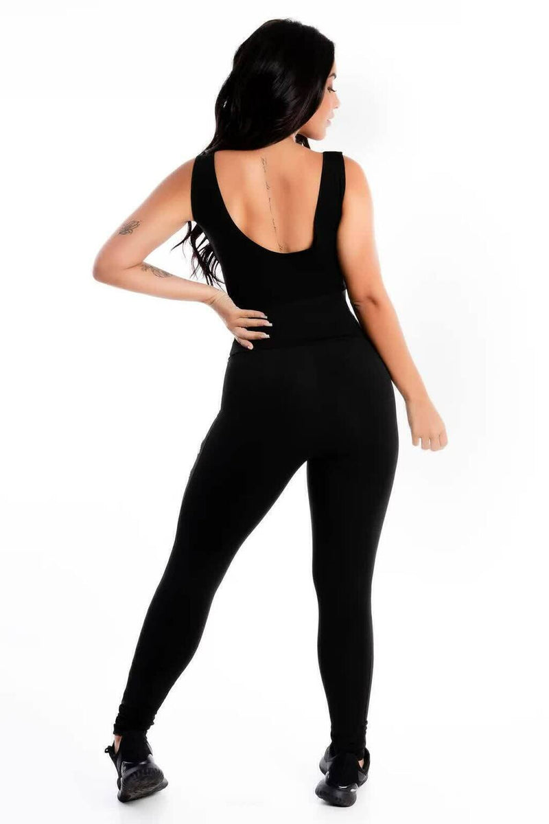 Conjunto Fitness Feminino Cropped Alcinha Preto + Calça Legging Cintura Alta Preta Rasgada