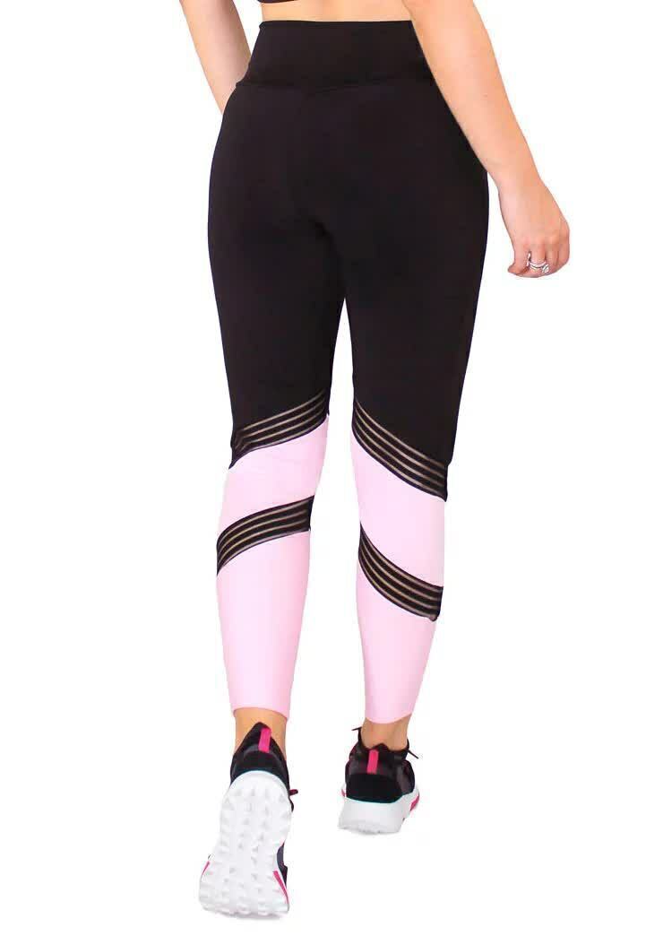 Calça Legging Feminina Cintura Alta Preta Detalhe Em Rosa e Listras